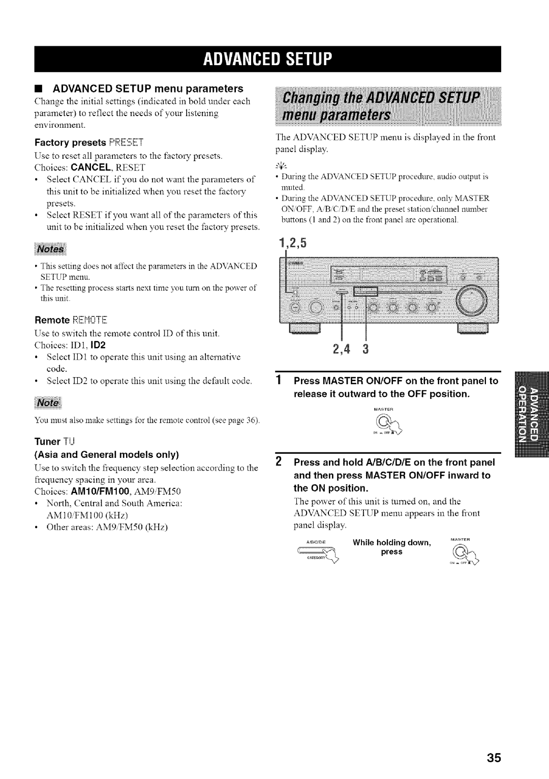 Yamaha RX-497 Advanced Setup menu parameters, Advanced Setup menu is displayed in the front Panel display, Presso 