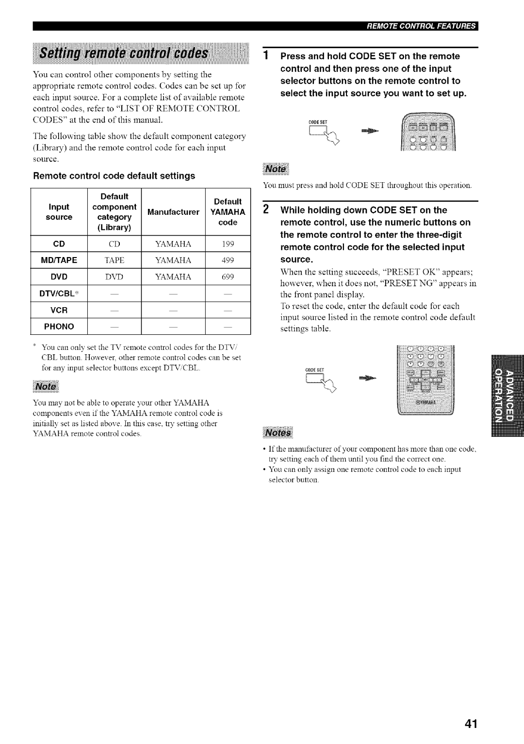 Yamaha RX-497 owner manual Remote control code default settings, Yamaha, Tap E, Dvd, Dtwcbl VCR Phono 