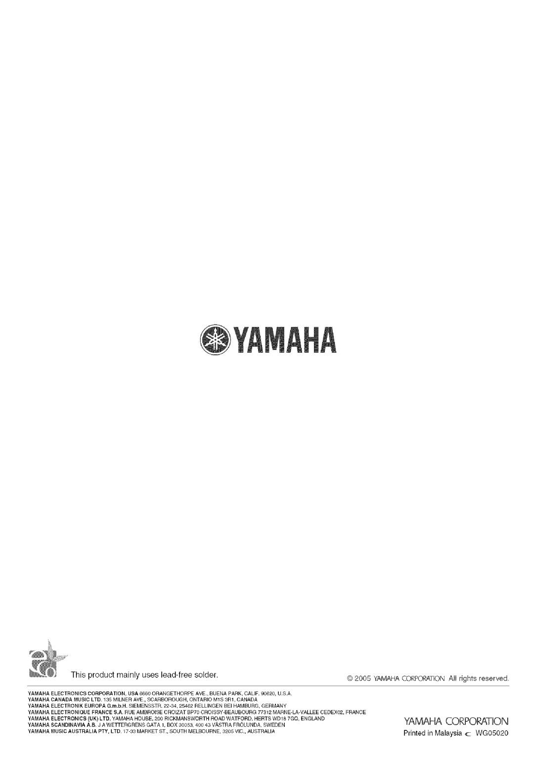 Yamaha RX-497 owner manual This product mainly uses lead-free solder, YAMAHACORPOP,ATION All rights reserved 