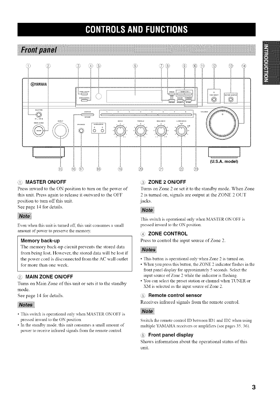 Yamaha RX-497 owner manual @ Master ON/OFF, @ Main Zone ON/OFF, @ Zone Control 