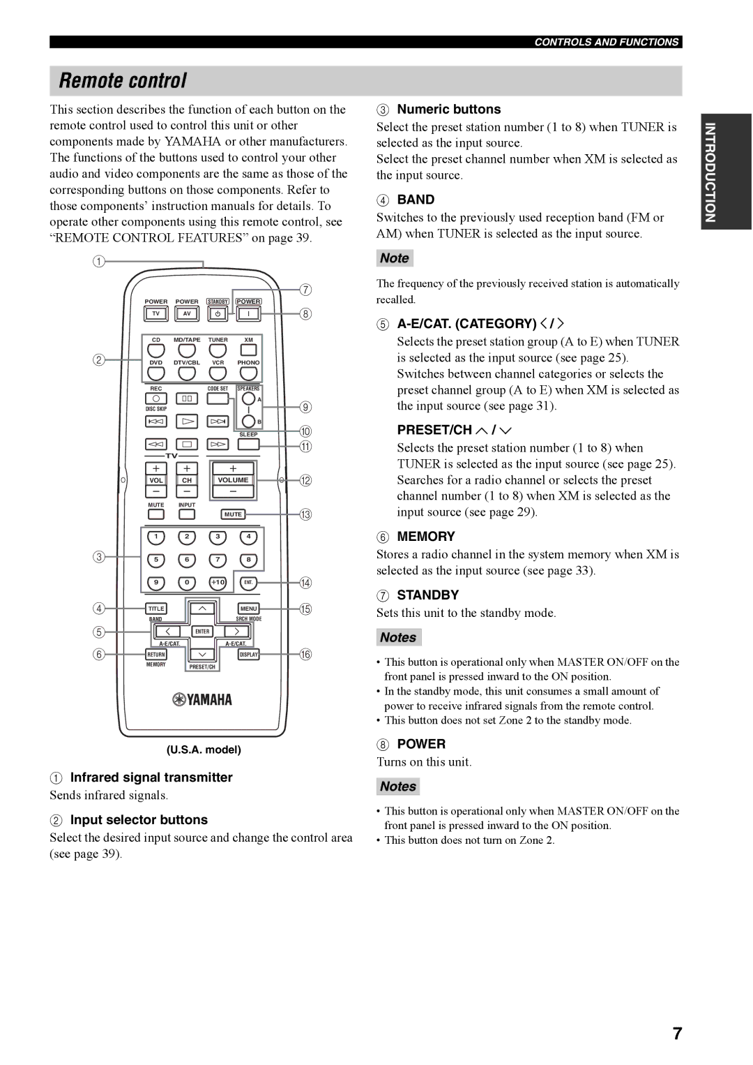 Yamaha RX-497 owner manual Remote control, Band, Standby, Power 