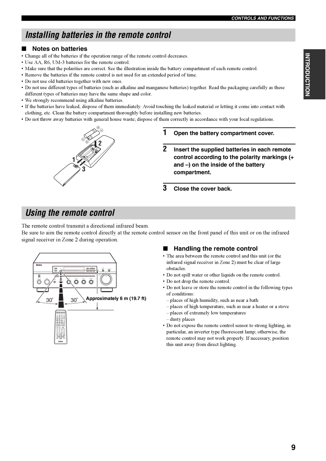 Yamaha RX-497 Installing batteries in the remote control, Using the remote control, Handling the remote control 