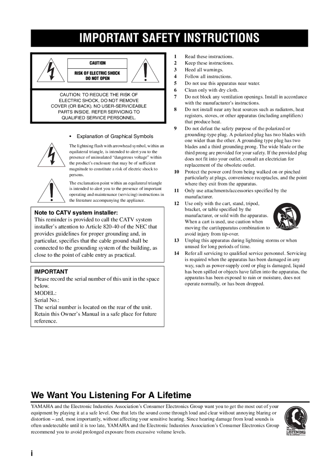 Yamaha RX-497 owner manual Important Safety Instructions, Serial No 