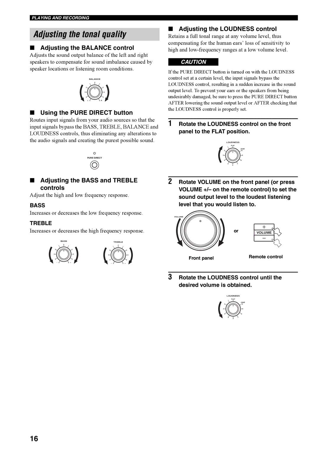 Yamaha RX-497 owner manual Adjusting the tonal quality, Adjusting the Balance control, Using the Pure Direct button 