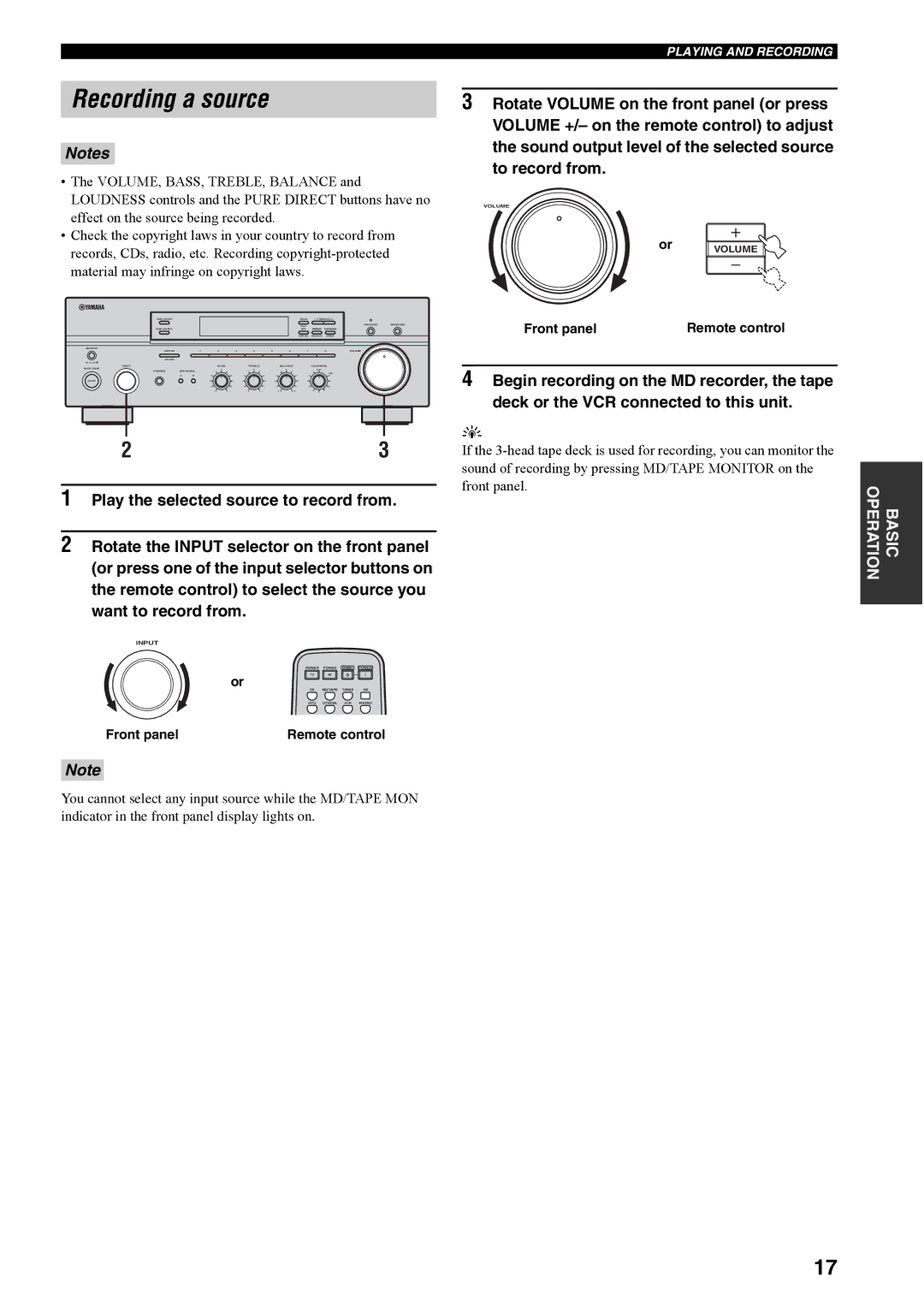 Yamaha RX-497 owner manual Recording a source 