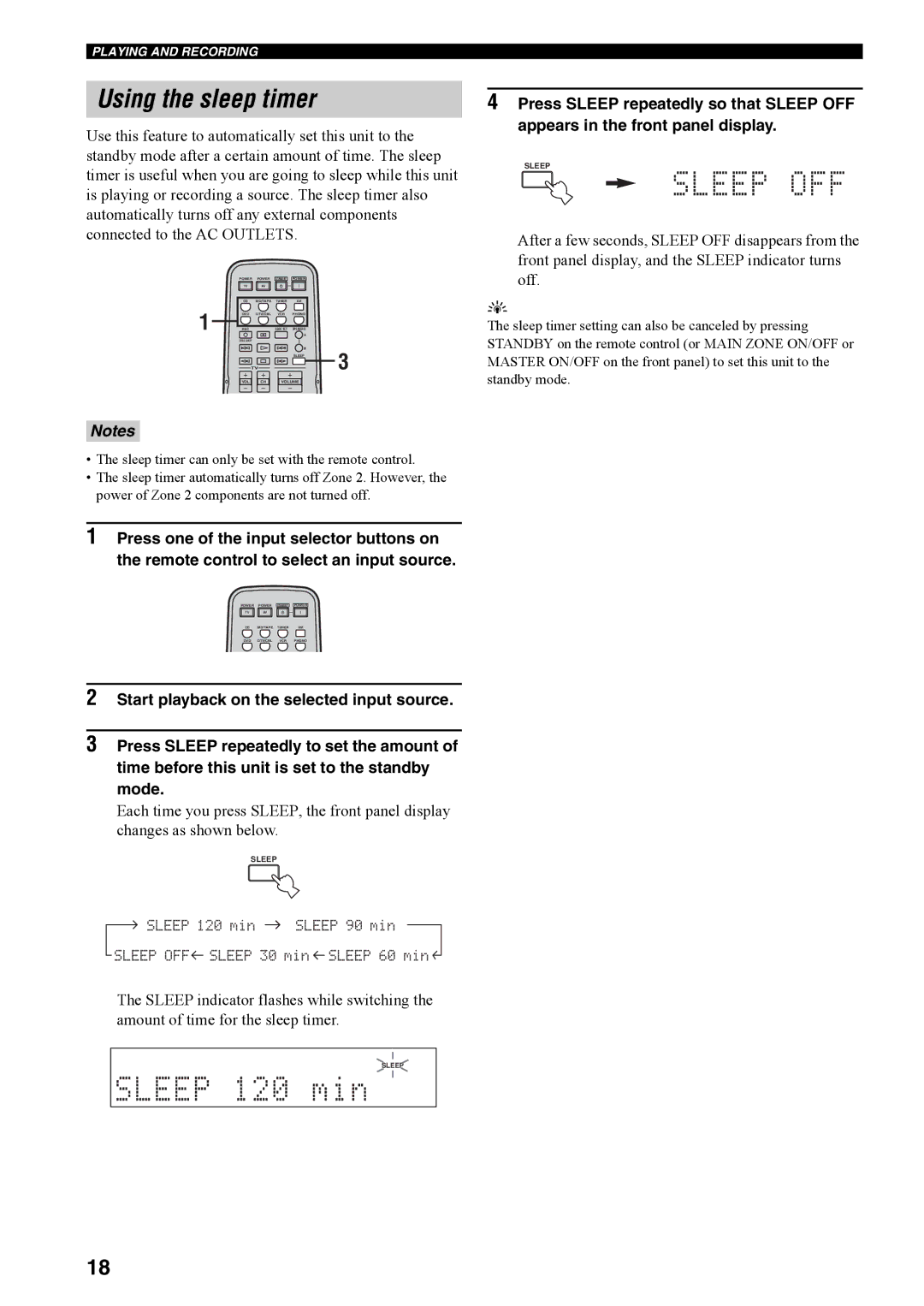 Yamaha RX-497 owner manual Using the sleep timer, Off 