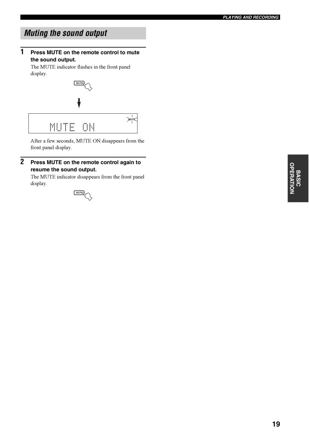 Yamaha RX-497 owner manual Muting the sound output, Press Mute on the remote control to mute the sound output 