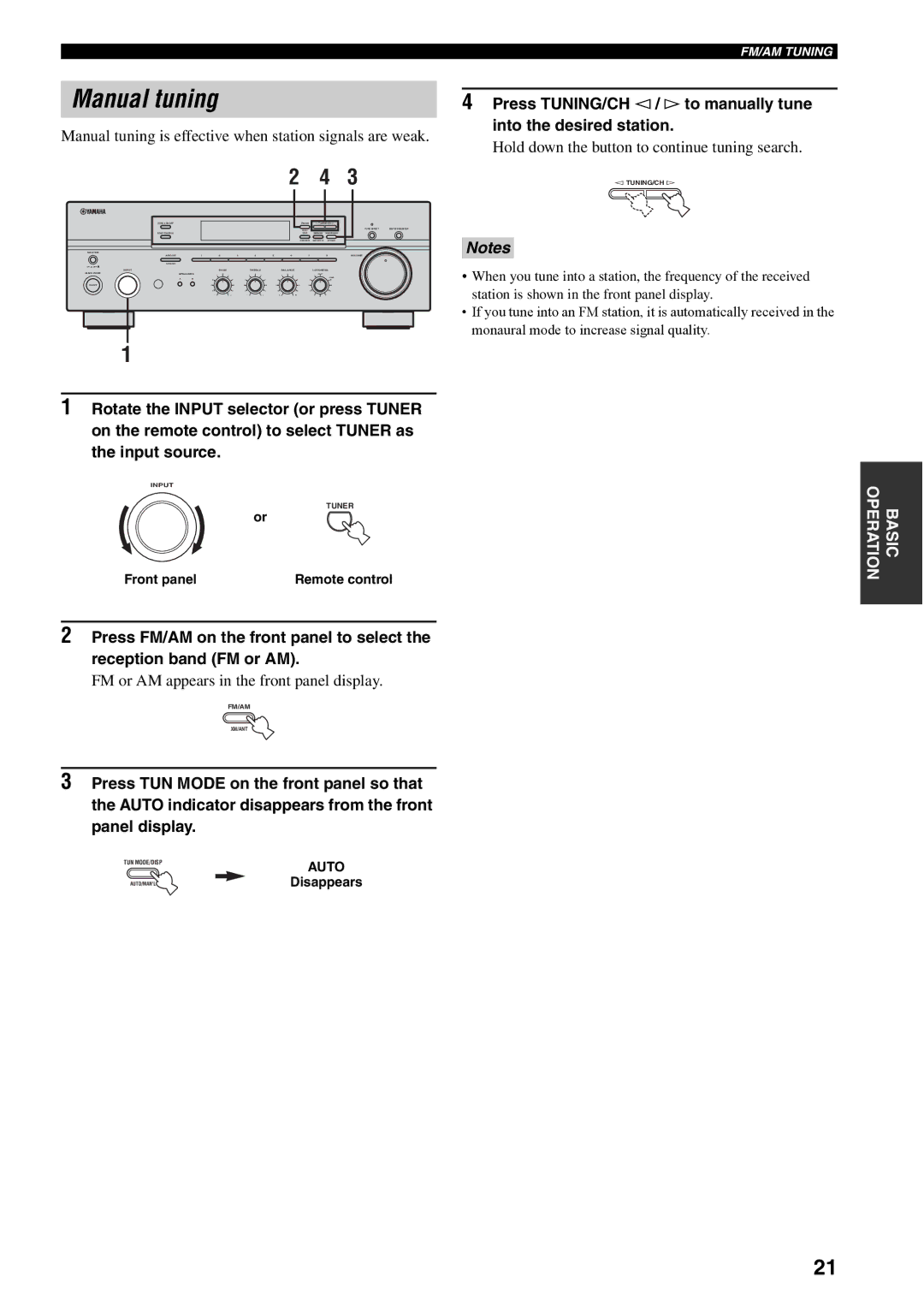 Yamaha RX-497 Manual tuning is effective when station signals are weak, Hold down the button to continue tuning search 