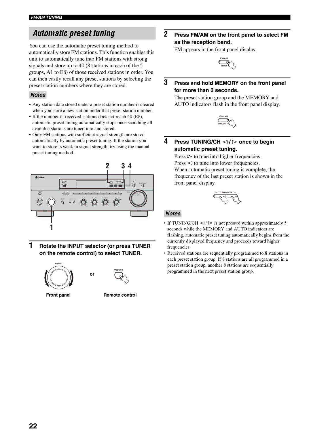 Yamaha RX-497 owner manual Automatic preset tuning, FM appears in the front panel display 