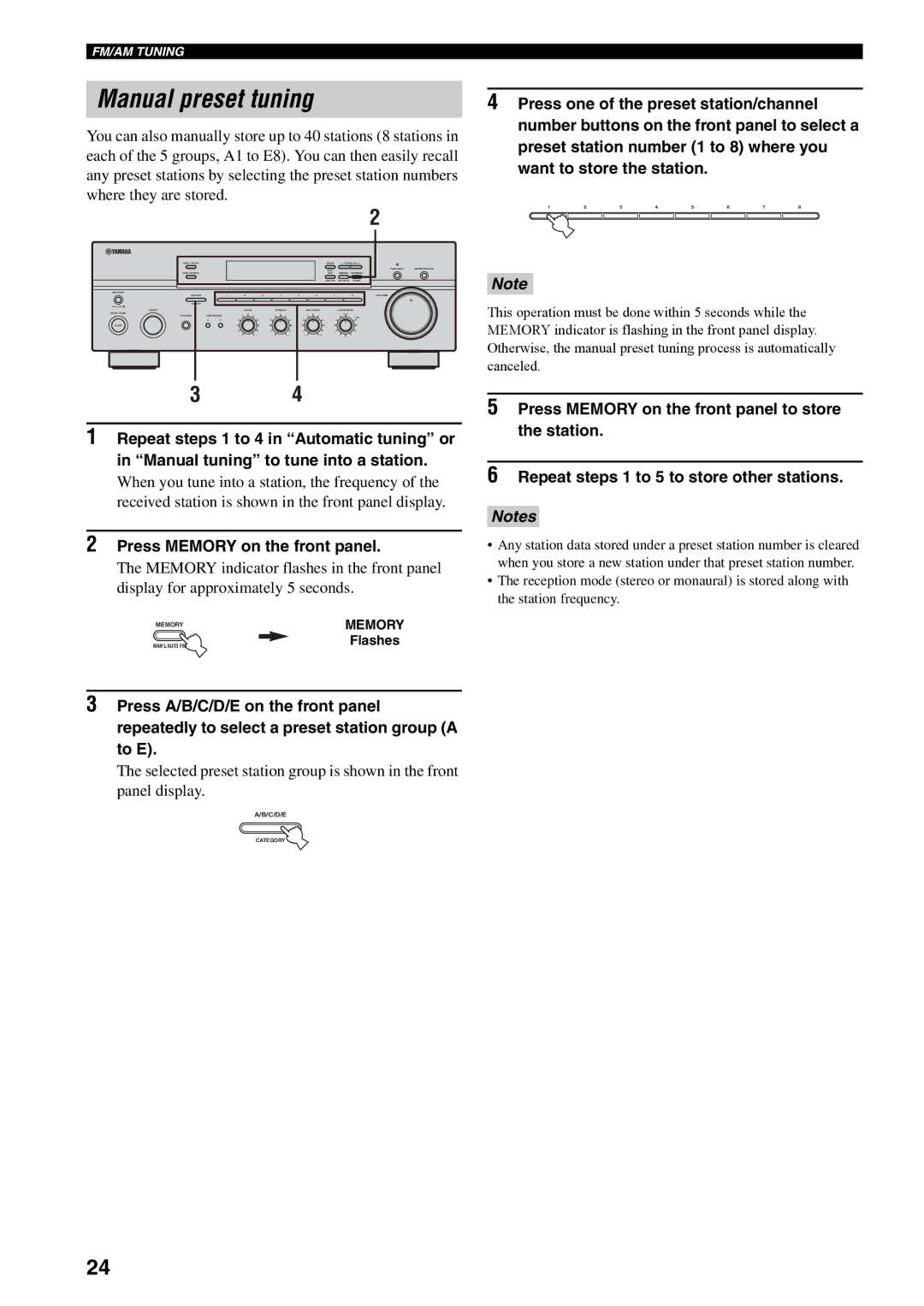 Yamaha RX-497 owner manual Manual preset tuning, Press Memory on the front panel 