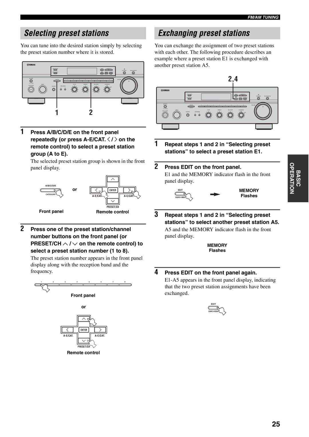 Yamaha RX-497 Selecting preset stations, Exchanging preset stations, Press Edit on the front panel again, Flashes 