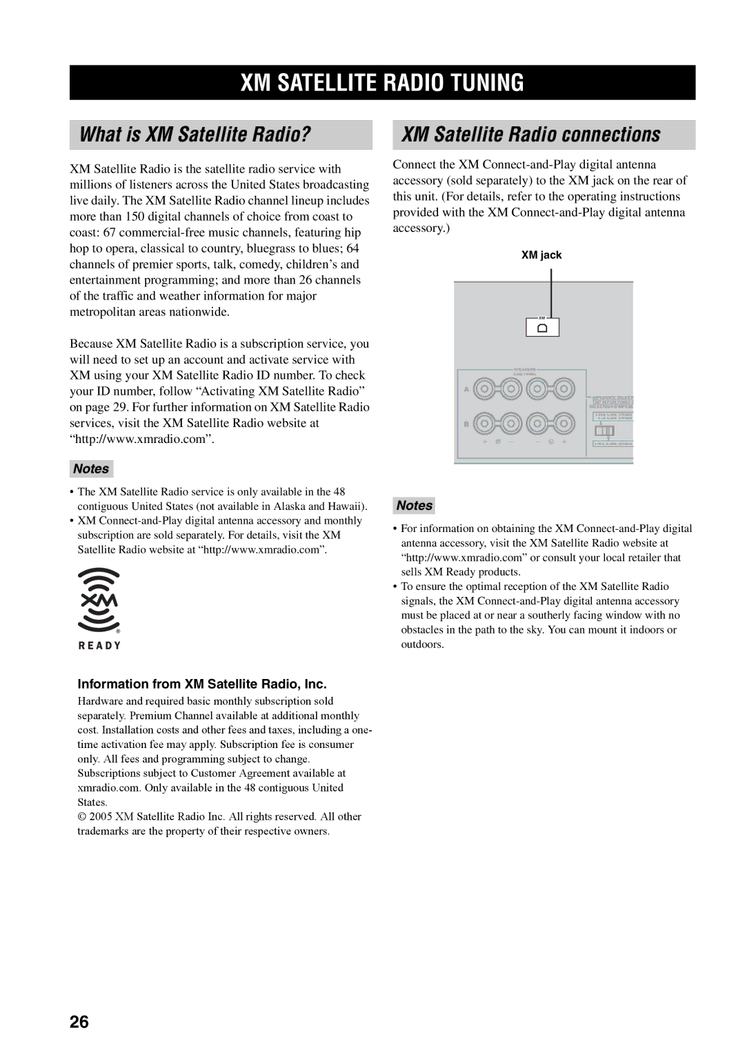 Yamaha RX-497 owner manual XM Satellite Radio Tuning, What is XM Satellite Radio?, XM Satellite Radio connections, XM jack 