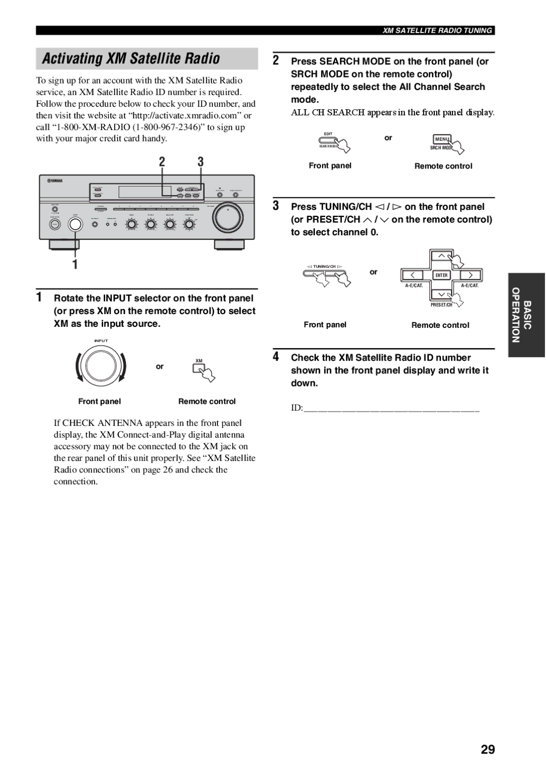 Yamaha RX-497 owner manual Activating XM Satellite Radio, ALL CH Search appears in the front panel display 