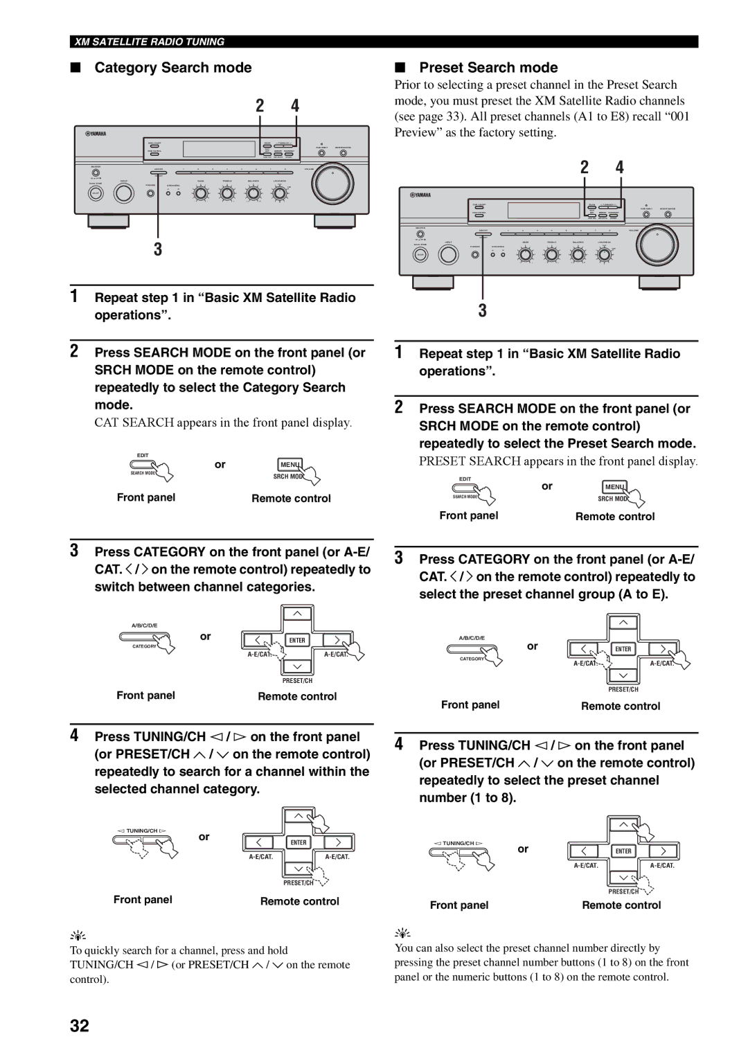 Yamaha RX-497 owner manual Category Search mode, Preset Search mode, CAT Search appears in the front panel display 