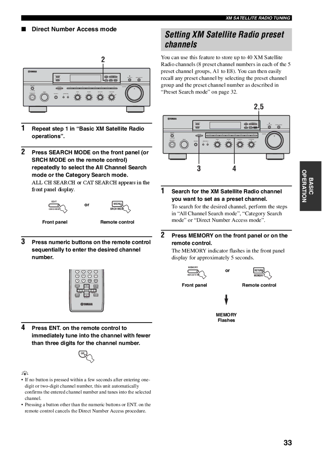 Yamaha RX-497 owner manual Setting XM Satellite Radio preset channels, Direct Number Access mode 