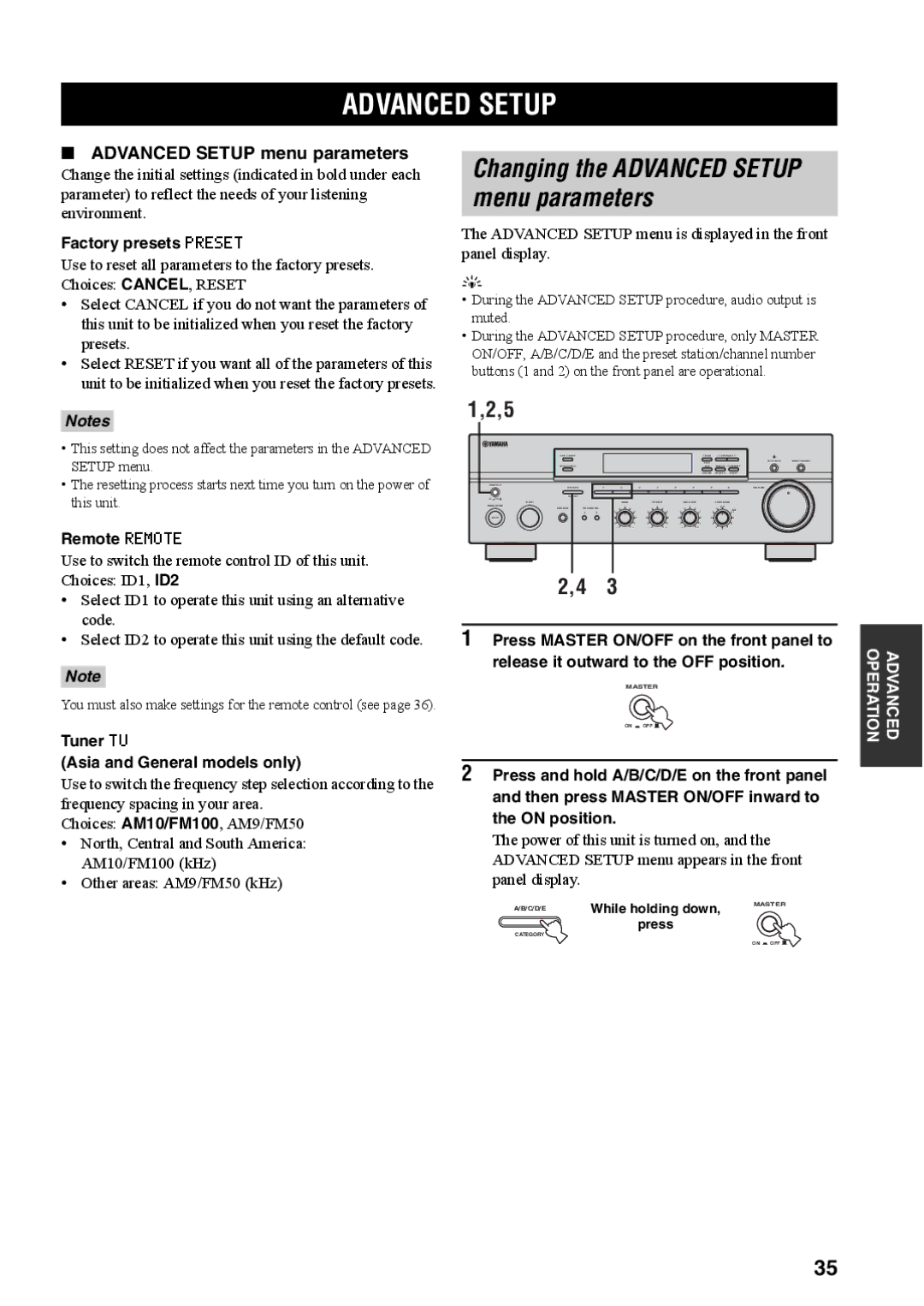 Yamaha RX-497 owner manual Changing the Advanced Setup menu parameters 