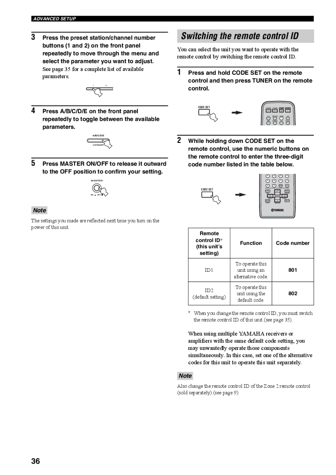 Yamaha RX-497 owner manual Switching the remote control ID, See page 35 for a complete list of available parameters 