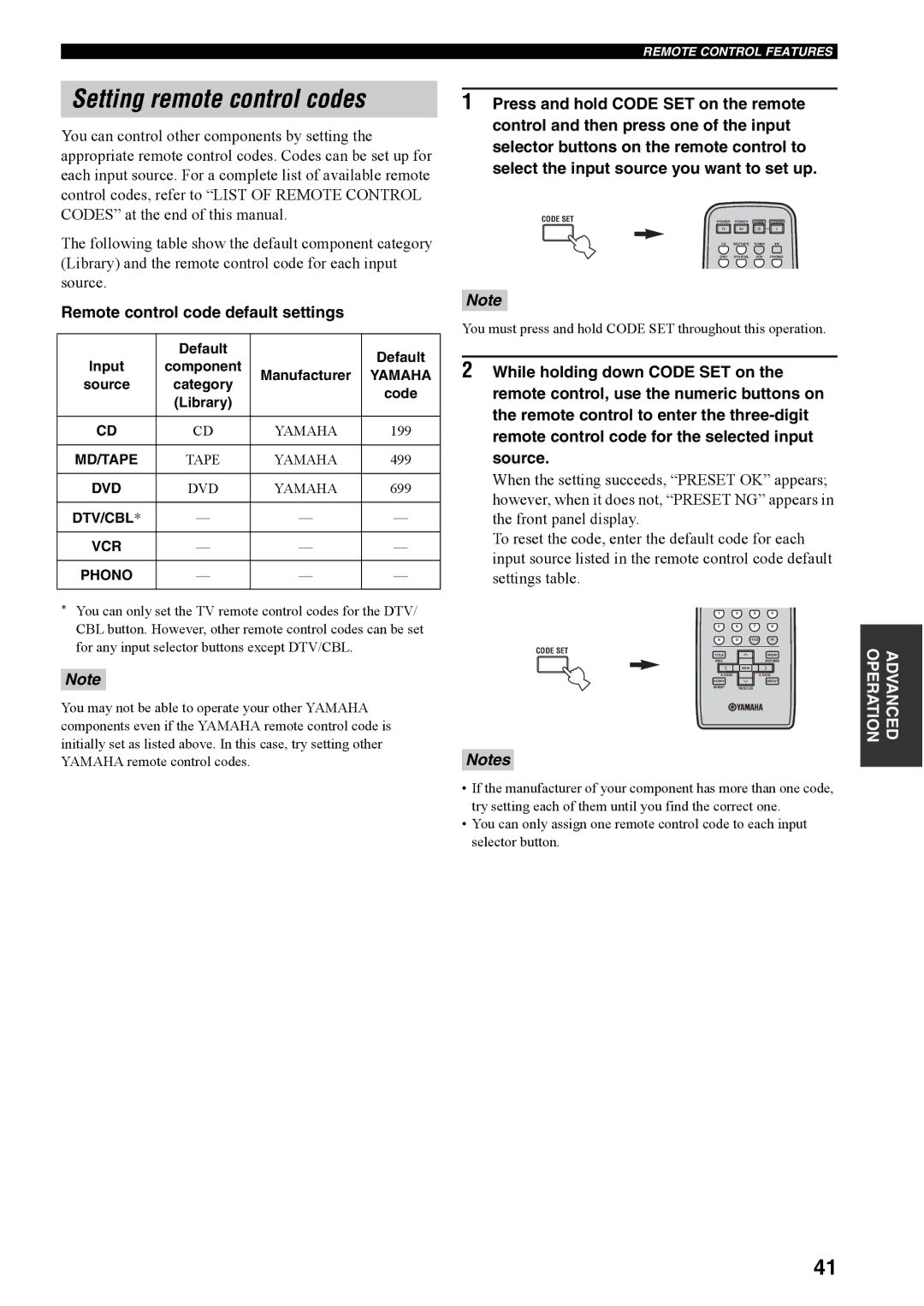 Yamaha RX-497 Setting remote control codes, Remote control code default settings, Default Input Component Manufacturer 