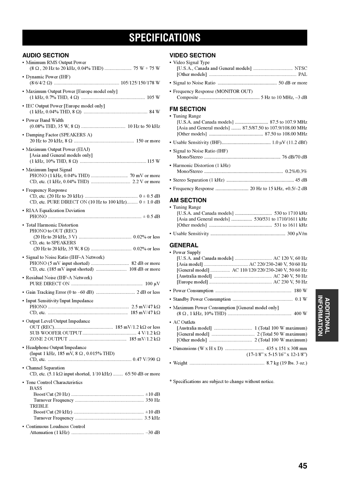 Yamaha RX-497 owner manual Specifications 