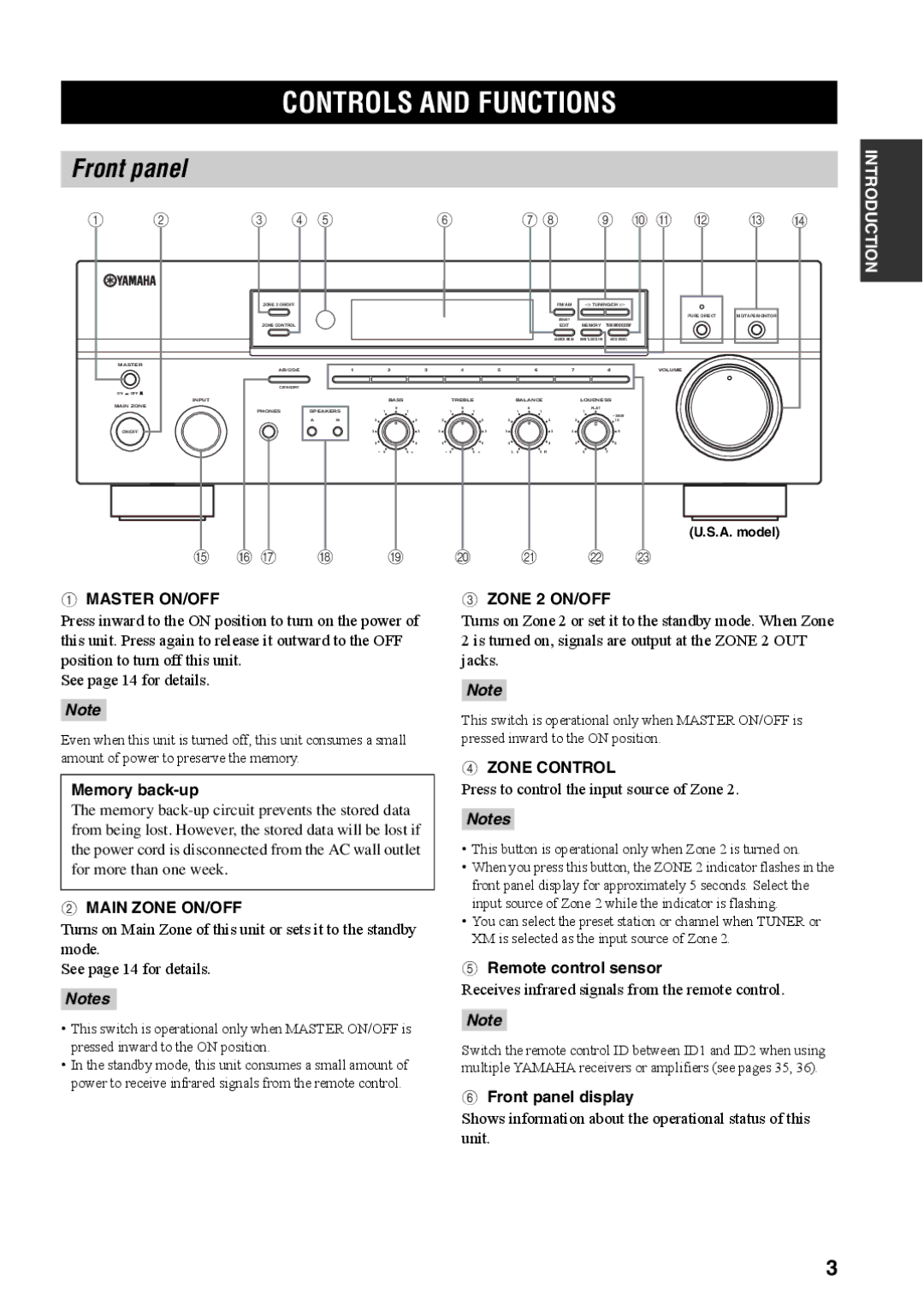 Yamaha RX-497 owner manual Controls and Functions, Front panel 