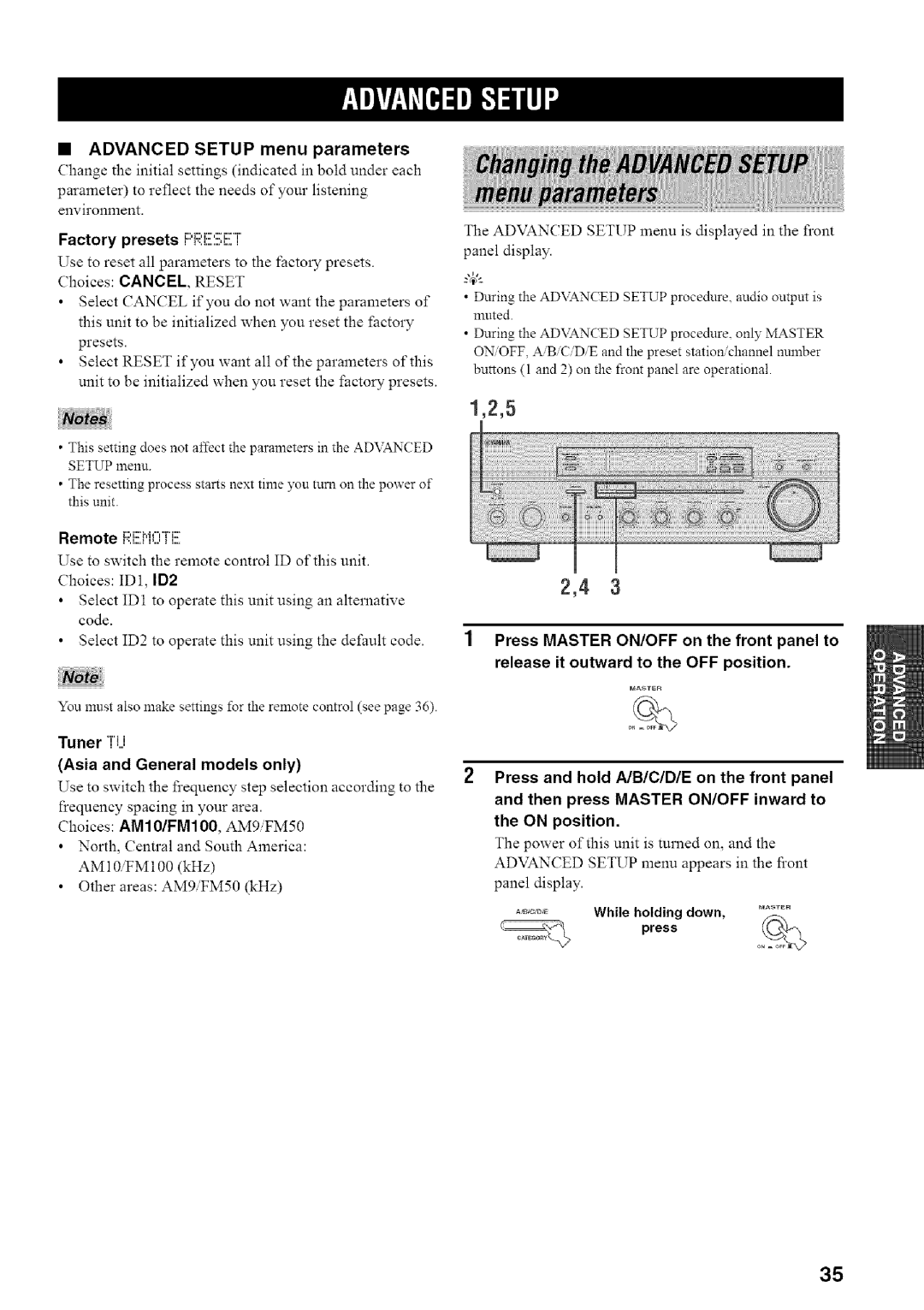 Yamaha RX-497 owner manual 1,2,5, •ADVANCED SETUP menu parameters, presso,_ 