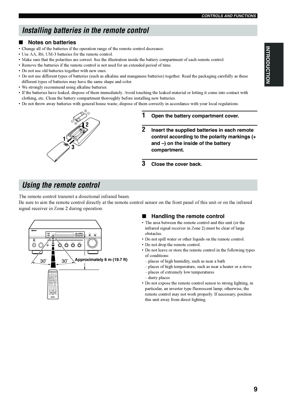 Yamaha RX-497 owner manual Installing batteries in the remote control, Using the remote control, Notes on batteries 