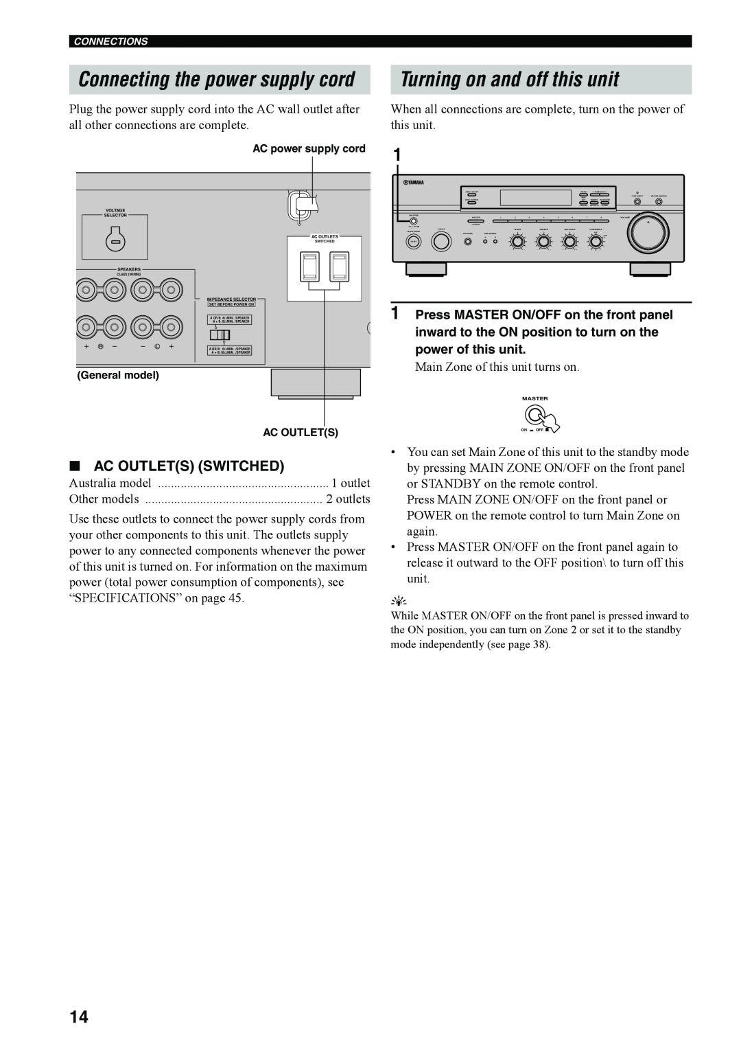 Yamaha RX-497 owner manual Turning on and off this unit, Ac Outlets Switched, Connecting the power supply cord 