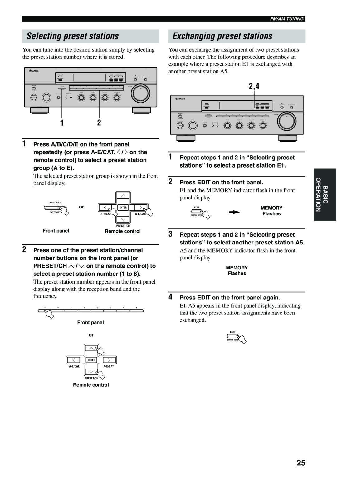 Yamaha RX-497 owner manual Selecting preset stations, Exchanging preset stations 