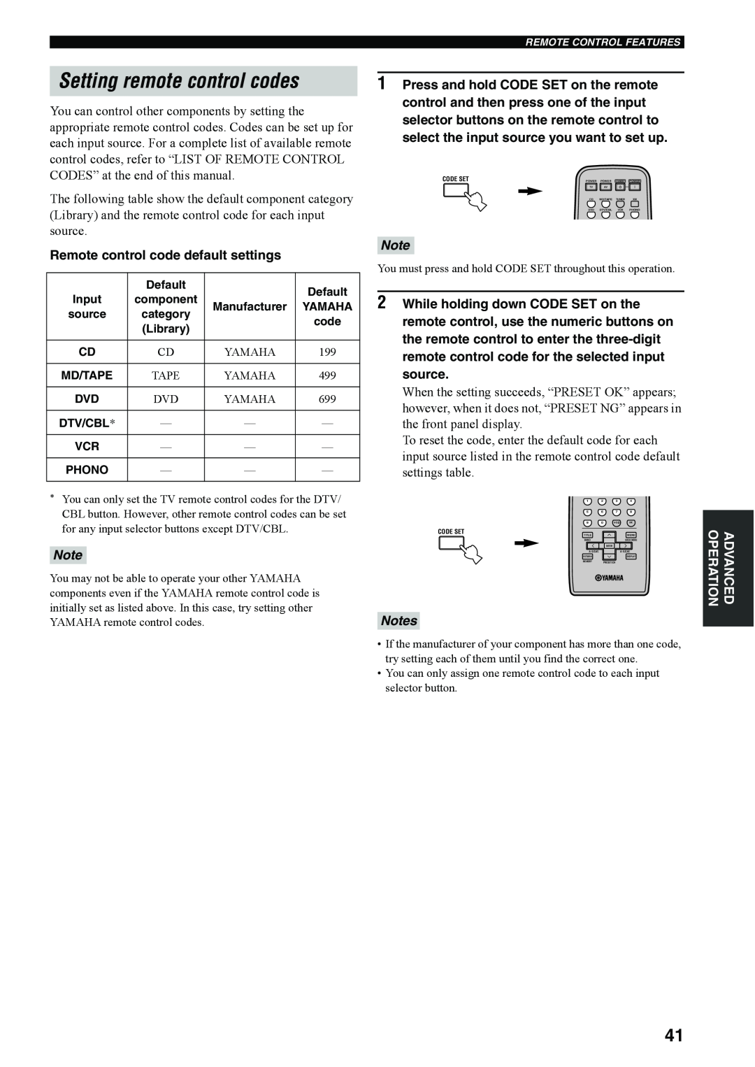 Yamaha RX-497 owner manual Setting remote control codes 