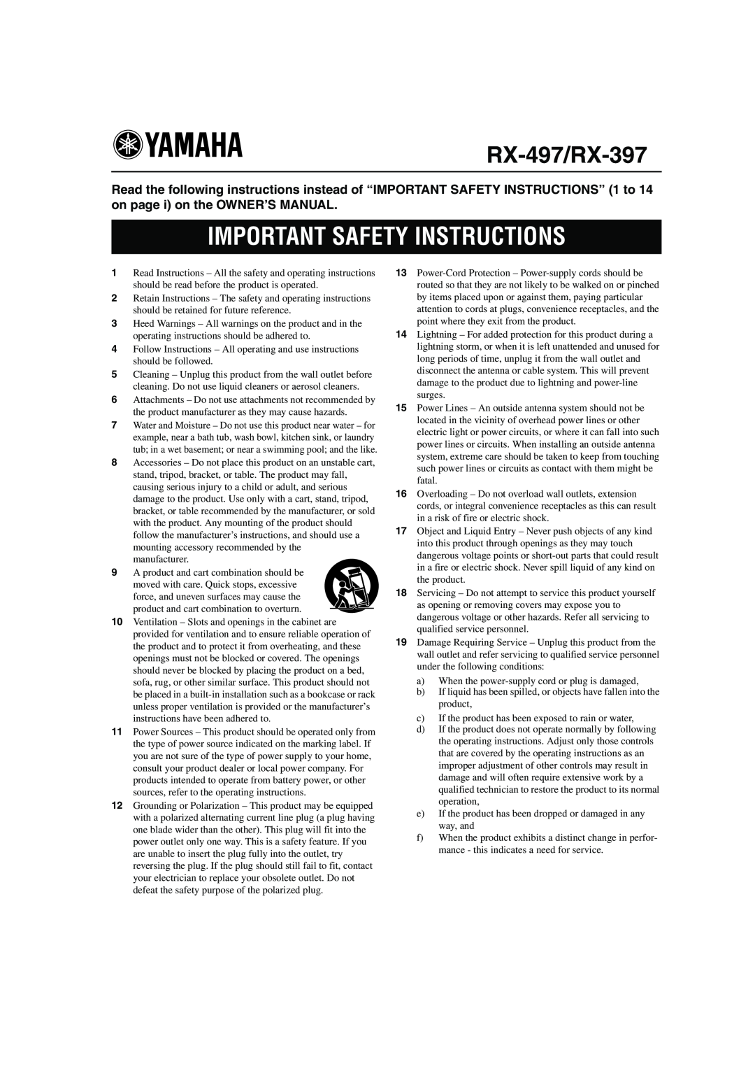 Yamaha owner manual Important Safety Instructions, RX-497/RX-397 