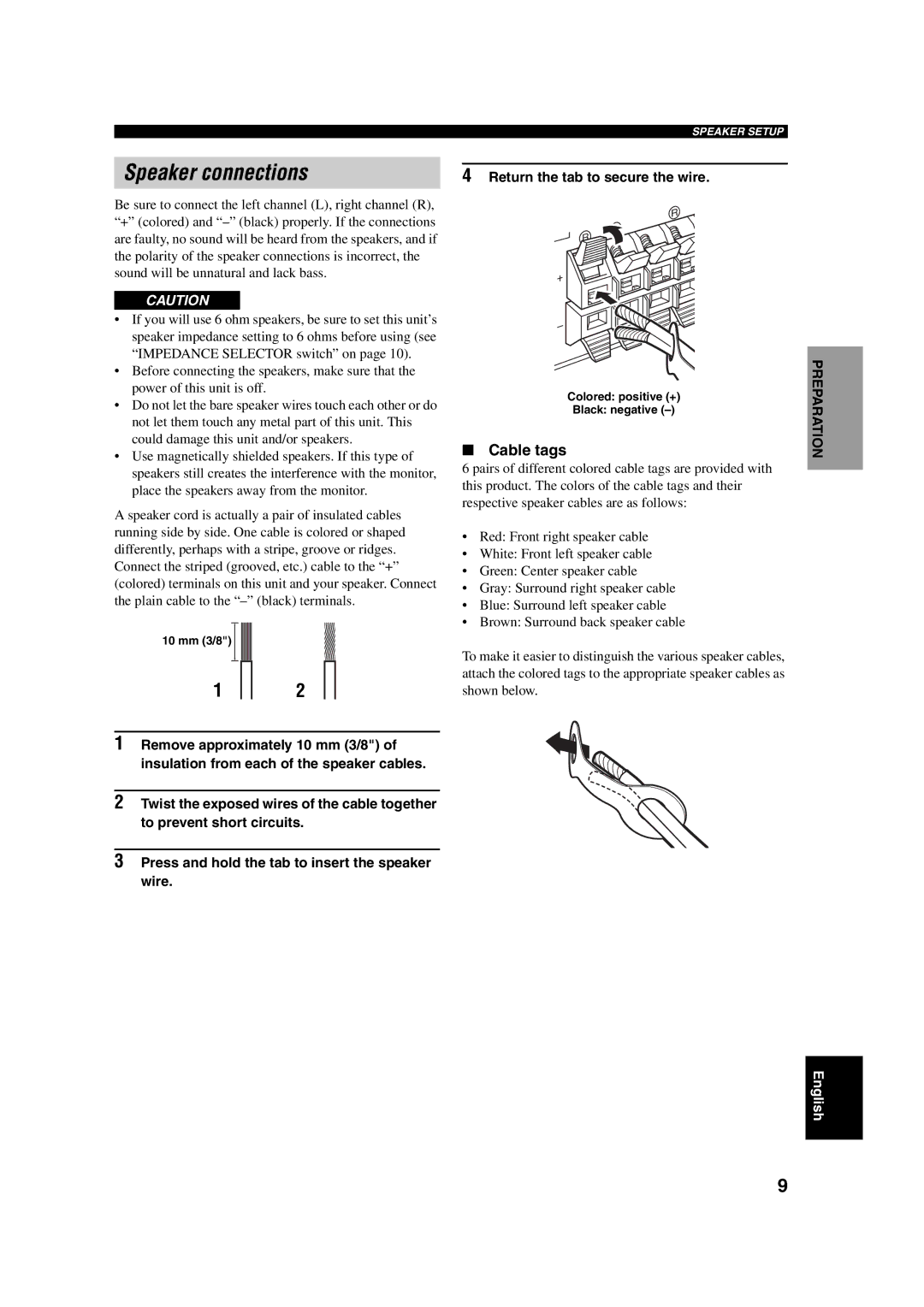 Yamaha RX-SL100RDS owner manual Speaker connections, Cable tags, Return the tab to secure the wire, 10 mm 3/8 