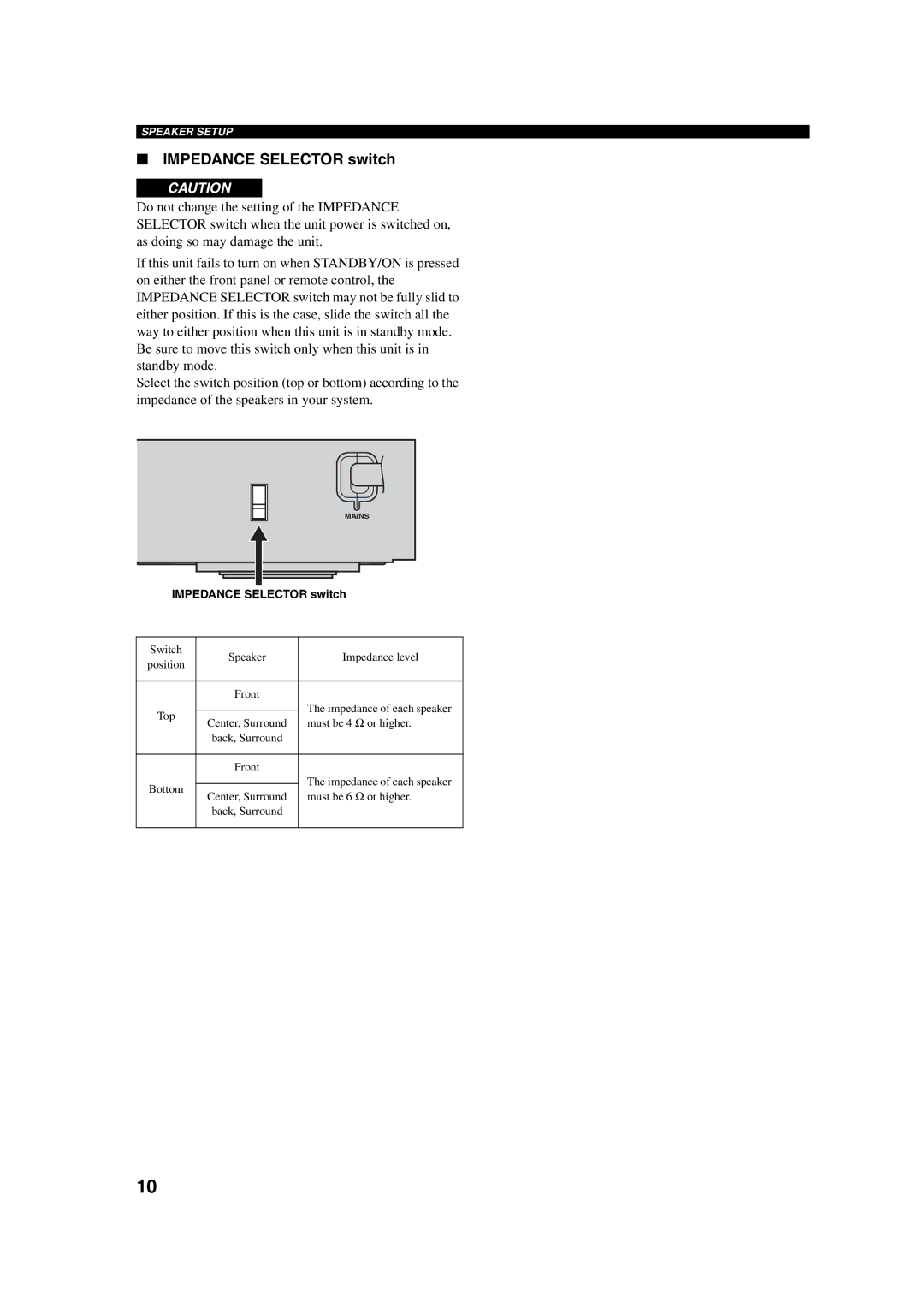 Yamaha RX-SL100RDS owner manual Impedance Selector switch 