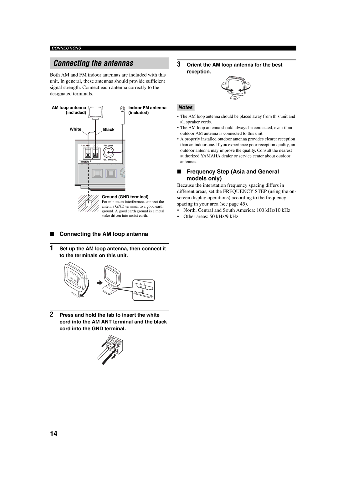 Yamaha RX-SL100RDS Connecting the antennas, Connecting the AM loop antenna, Frequency Step Asia and General Models only 