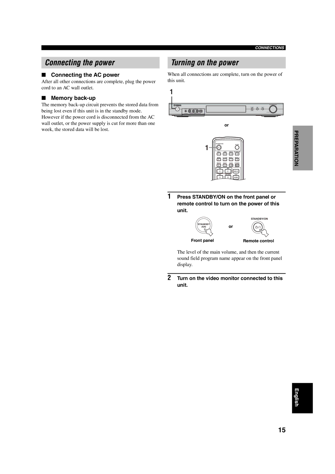 Yamaha RX-SL100RDS owner manual Connecting the power, Turning on the power, Connecting the AC power, Memory back-up 