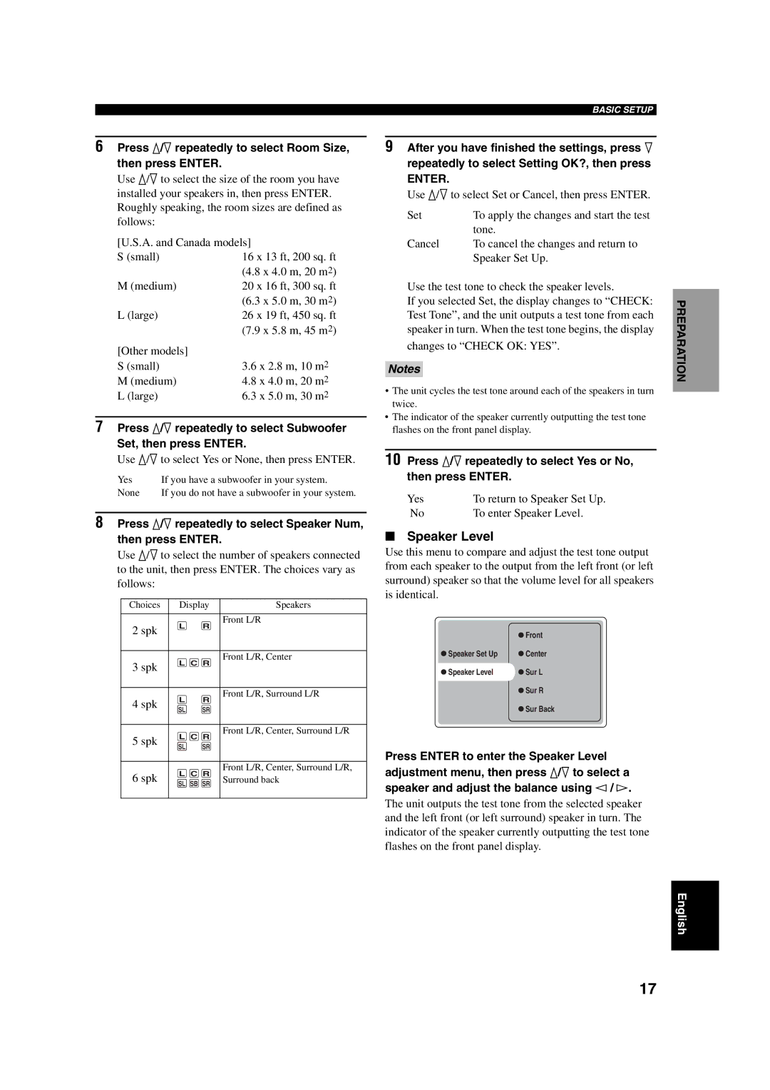 Yamaha RX-SL100RDS owner manual Speaker Level, Press k/n repeatedly to select Room Size, then press Enter 