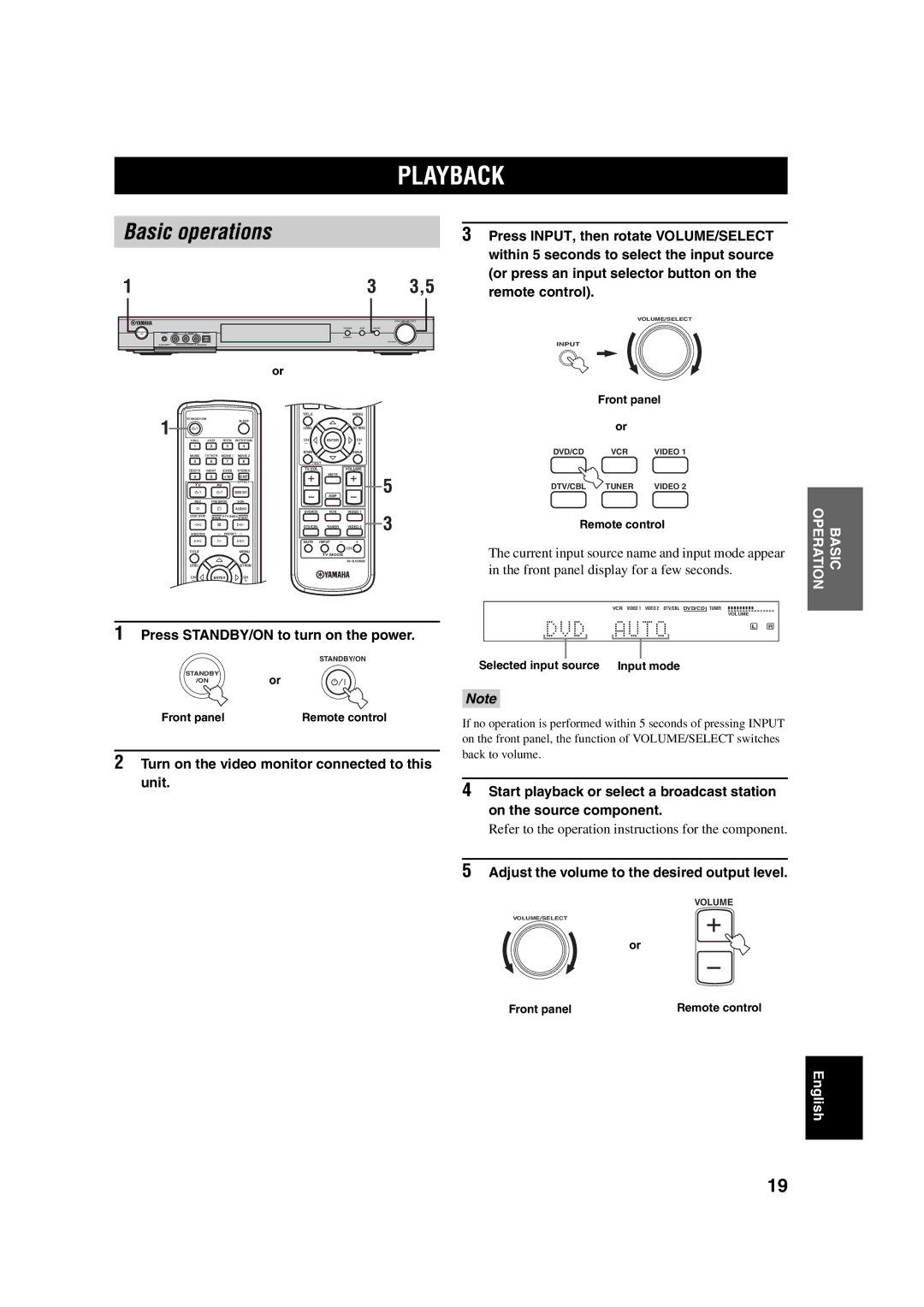 Yamaha RX-SL100RDS owner manual Playback, Basic operations, Press STANDBY/ON to turn on the power 