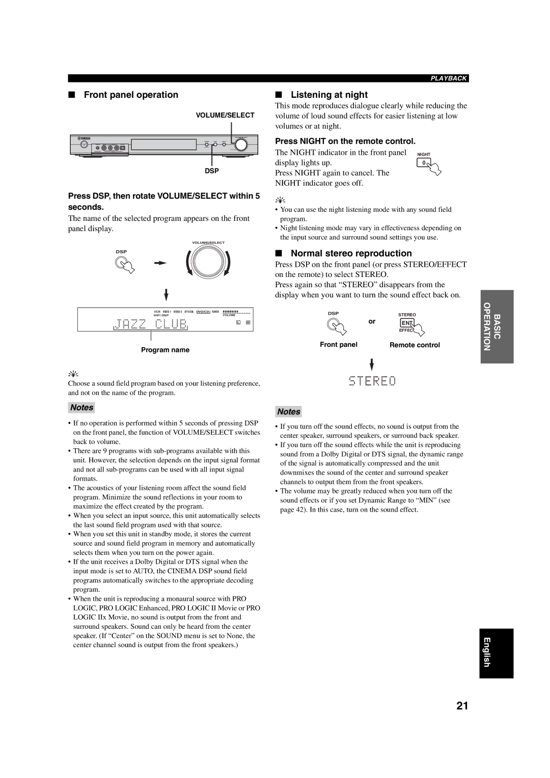 Yamaha RX-SL100RDS owner manual Front panel operation, Listening at night, Normal stereo reproduction 