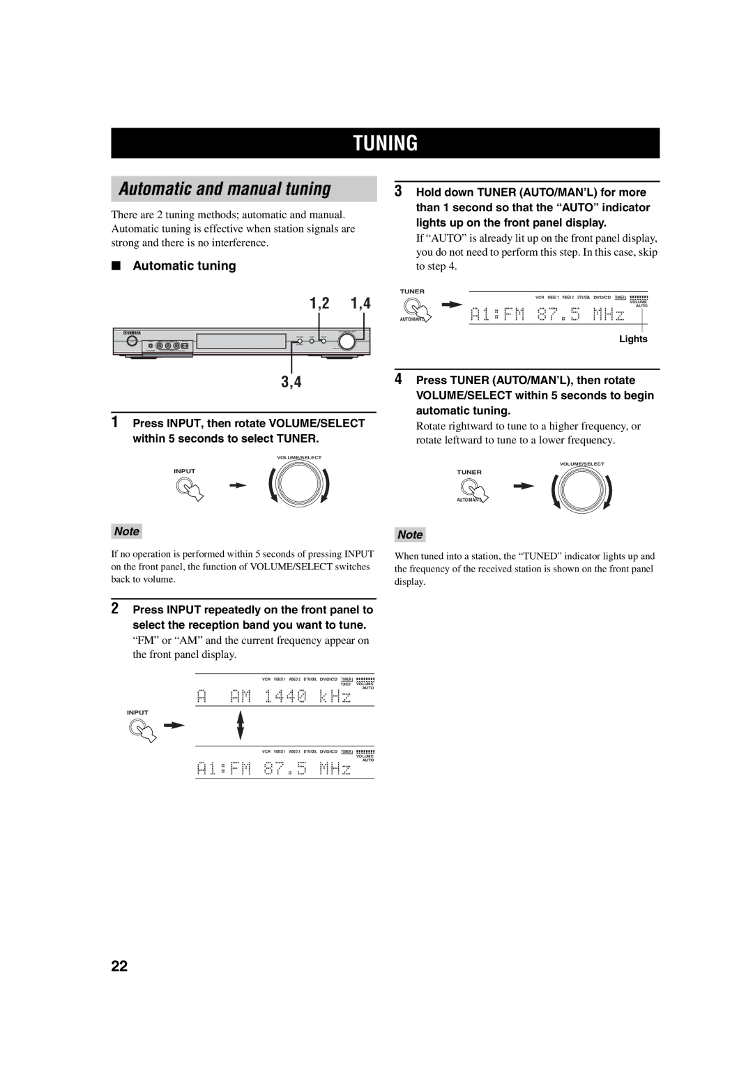 Yamaha RX-SL100RDS owner manual Tuning, Automatic and manual tuning, Automatic tuning, Lights 