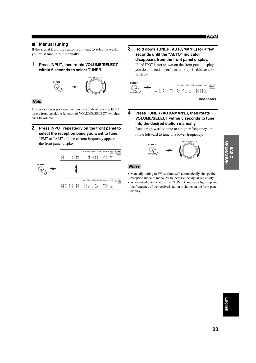 Yamaha RX-SL100RDS owner manual Manual tuning, Disappears 