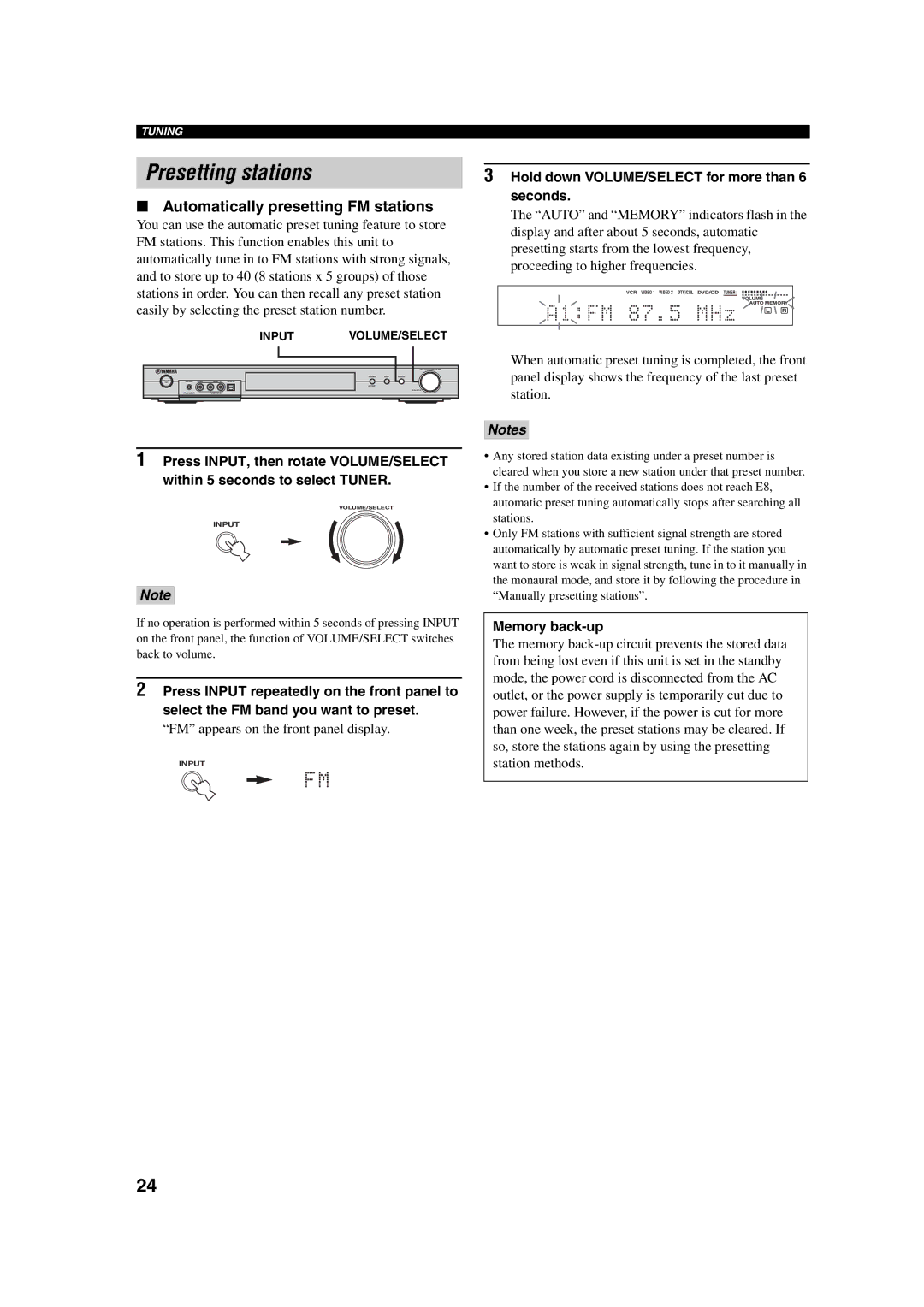 Yamaha RX-SL100RDS Presetting stations, Automatically presetting FM stations, FM appears on the front panel display 