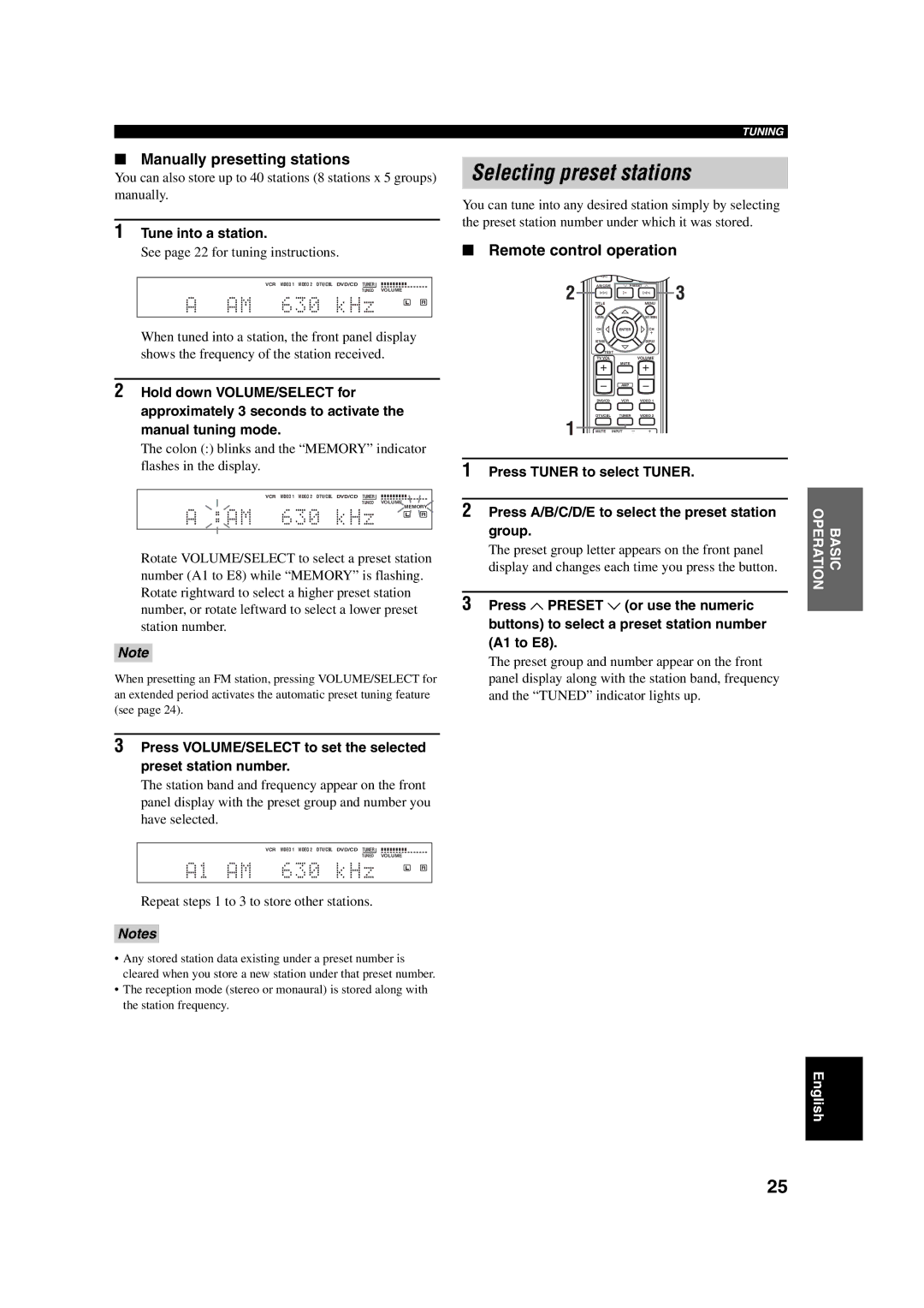 Yamaha RX-SL100RDS owner manual Selecting preset stations, Manually presetting stations, Tune into a station 