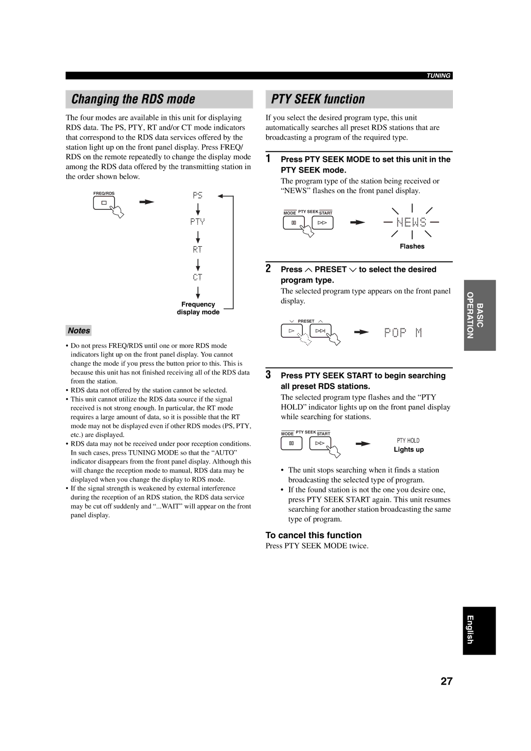 Yamaha RX-SL100RDS owner manual Changing the RDS mode, PTY Seek function, To cancel this function 