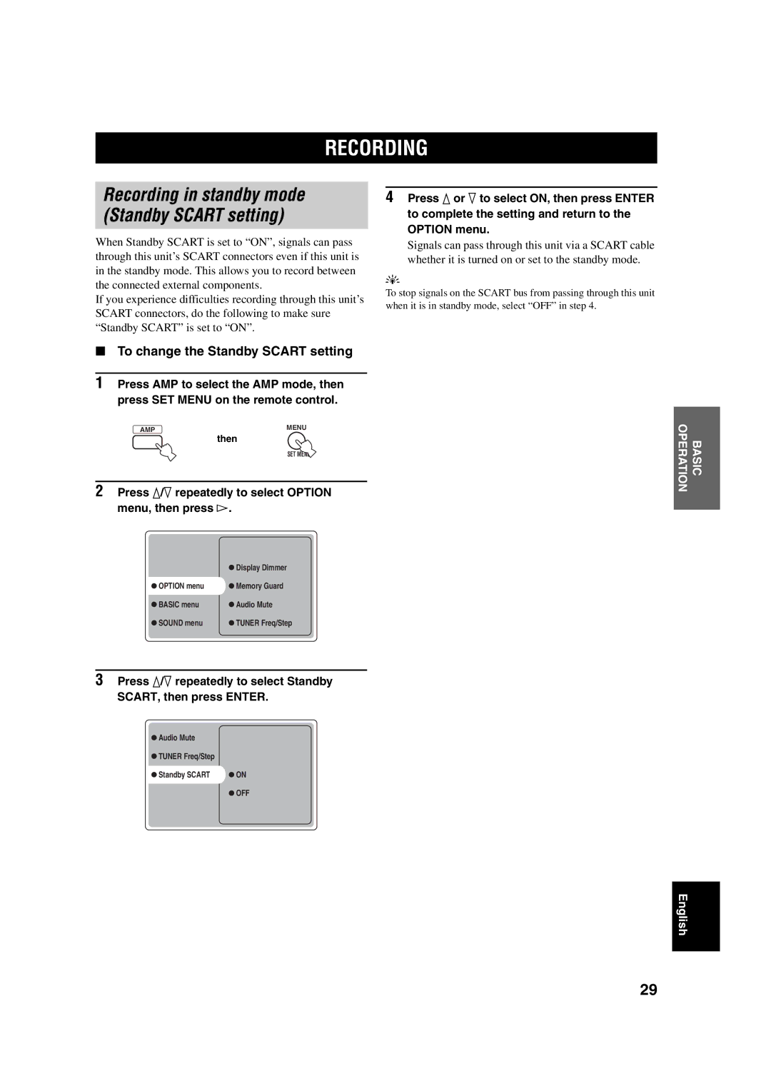 Yamaha RX-SL100RDS owner manual Recording, To change the Standby Scart setting, Then 