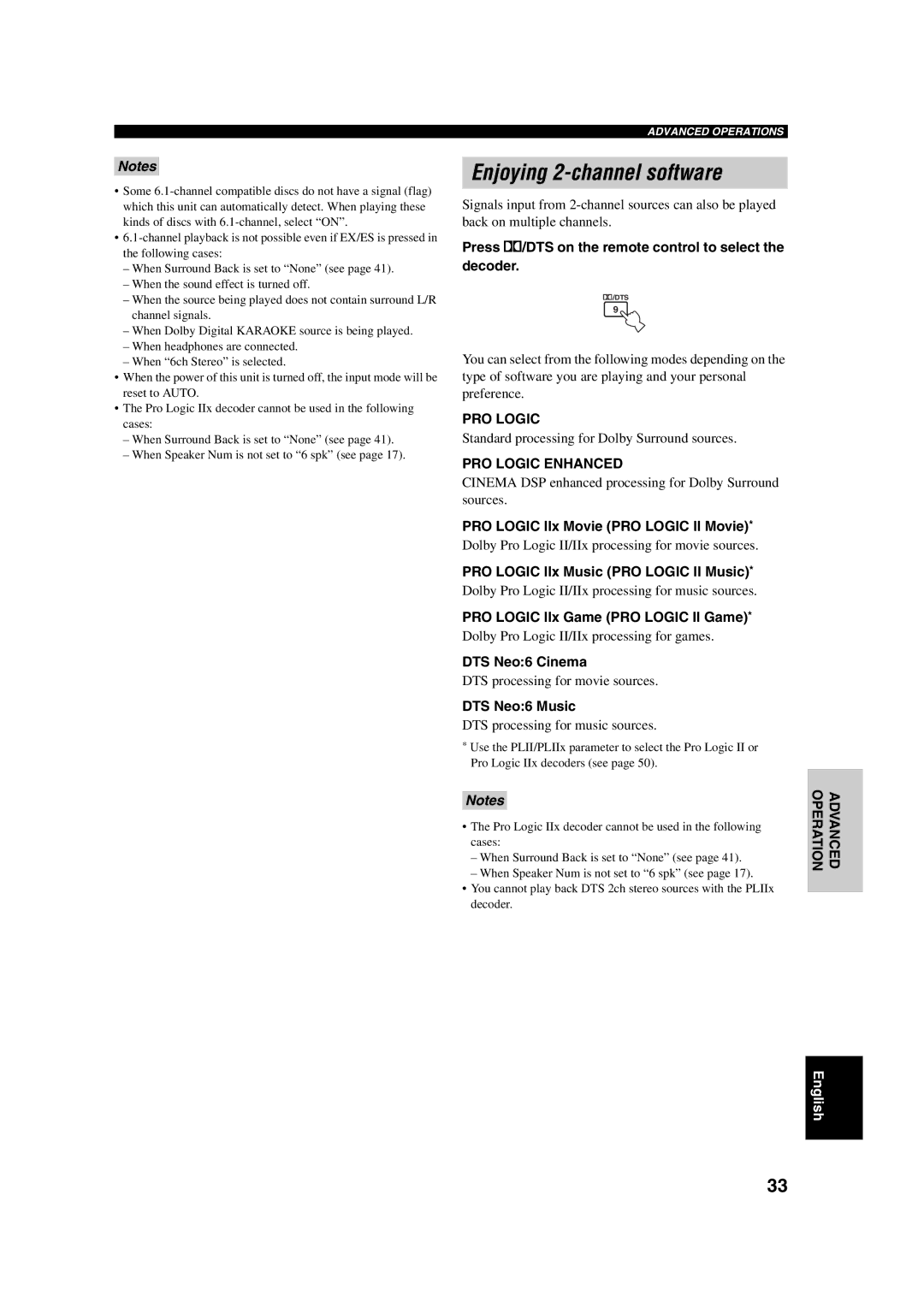 Yamaha RX-SL100RDS owner manual Enjoying 2-channel software, PRO Logic Enhanced, Operation Advanced 