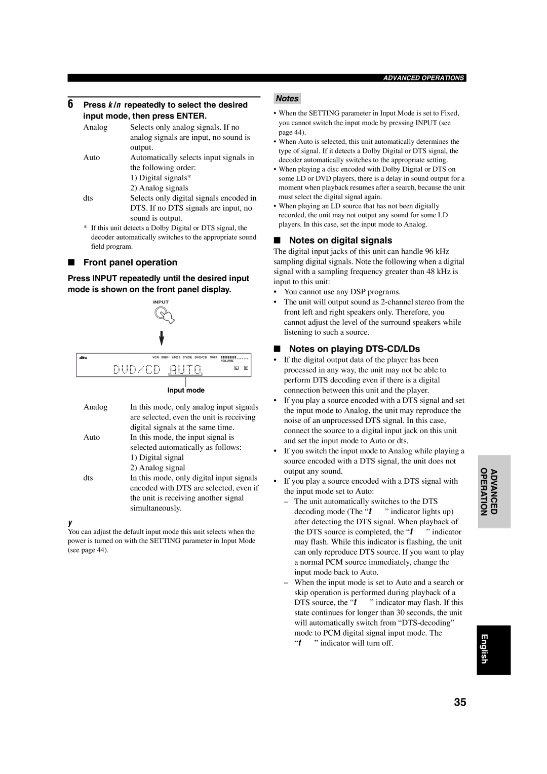 Yamaha RX-SL100RDS owner manual Front panel operation, Input Mode 