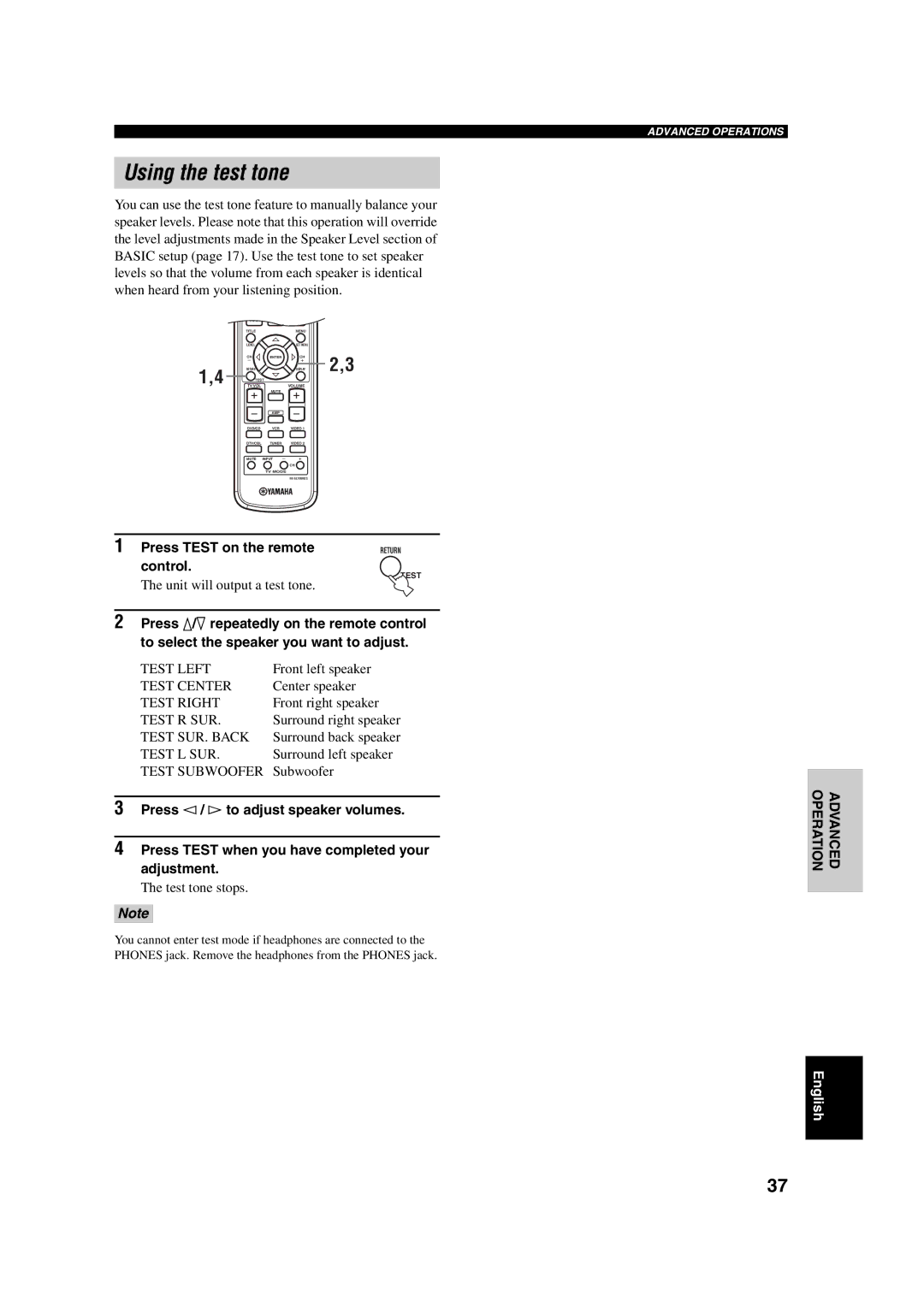 Yamaha RX-SL100RDS owner manual Using the test tone, Press Test on the remote, Control 