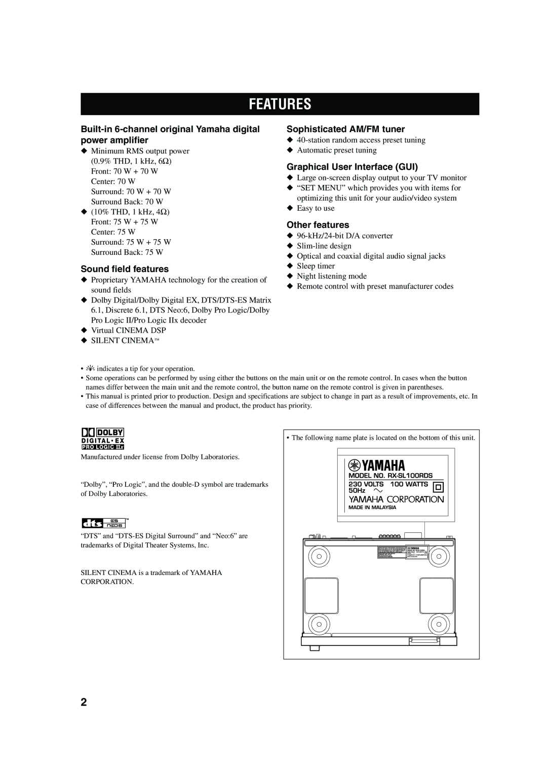 Yamaha RX-SL100RDS owner manual Features 