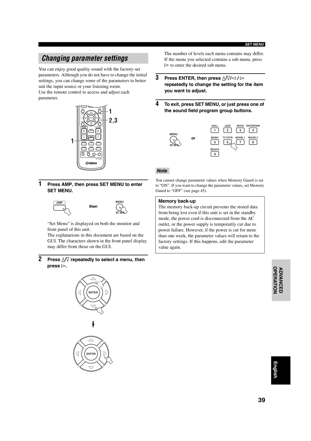 Yamaha RX-SL100RDS owner manual Changing parameter settings, Press AMP, then press SET Menu to enter 