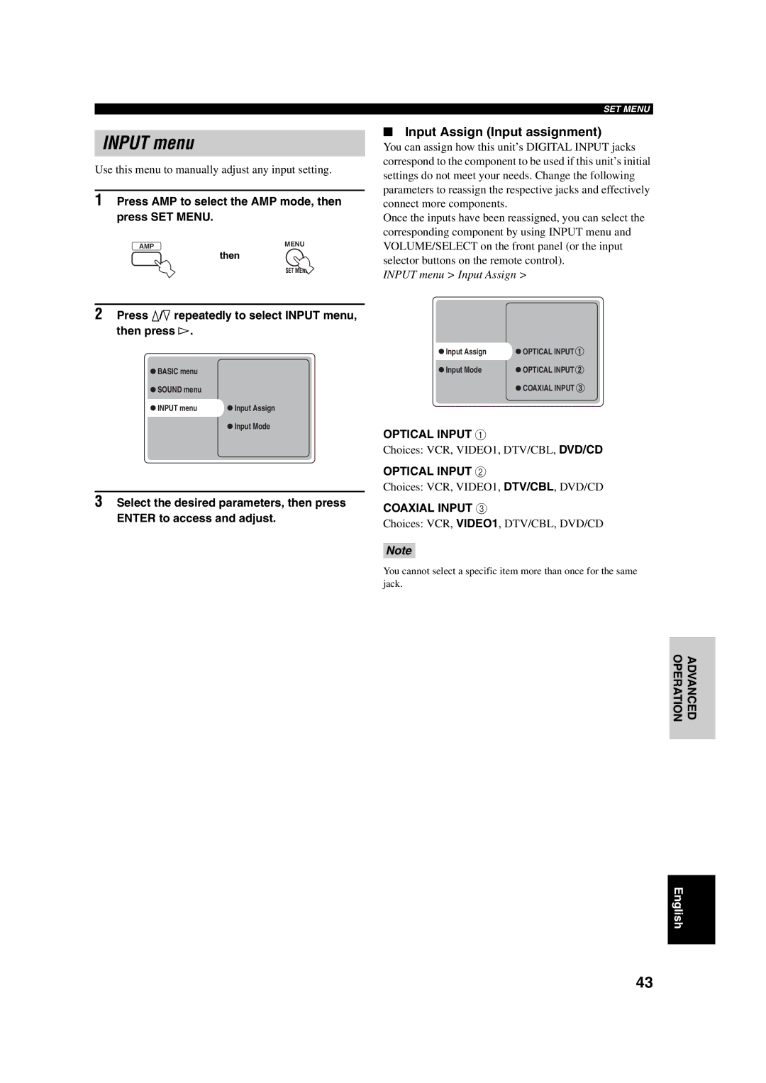 Yamaha RX-SL100RDS Input menu, Input Assign Input assignment, Optical Input, Choices VCR, VIDEO1, DTV/CBL, DVD/CD 