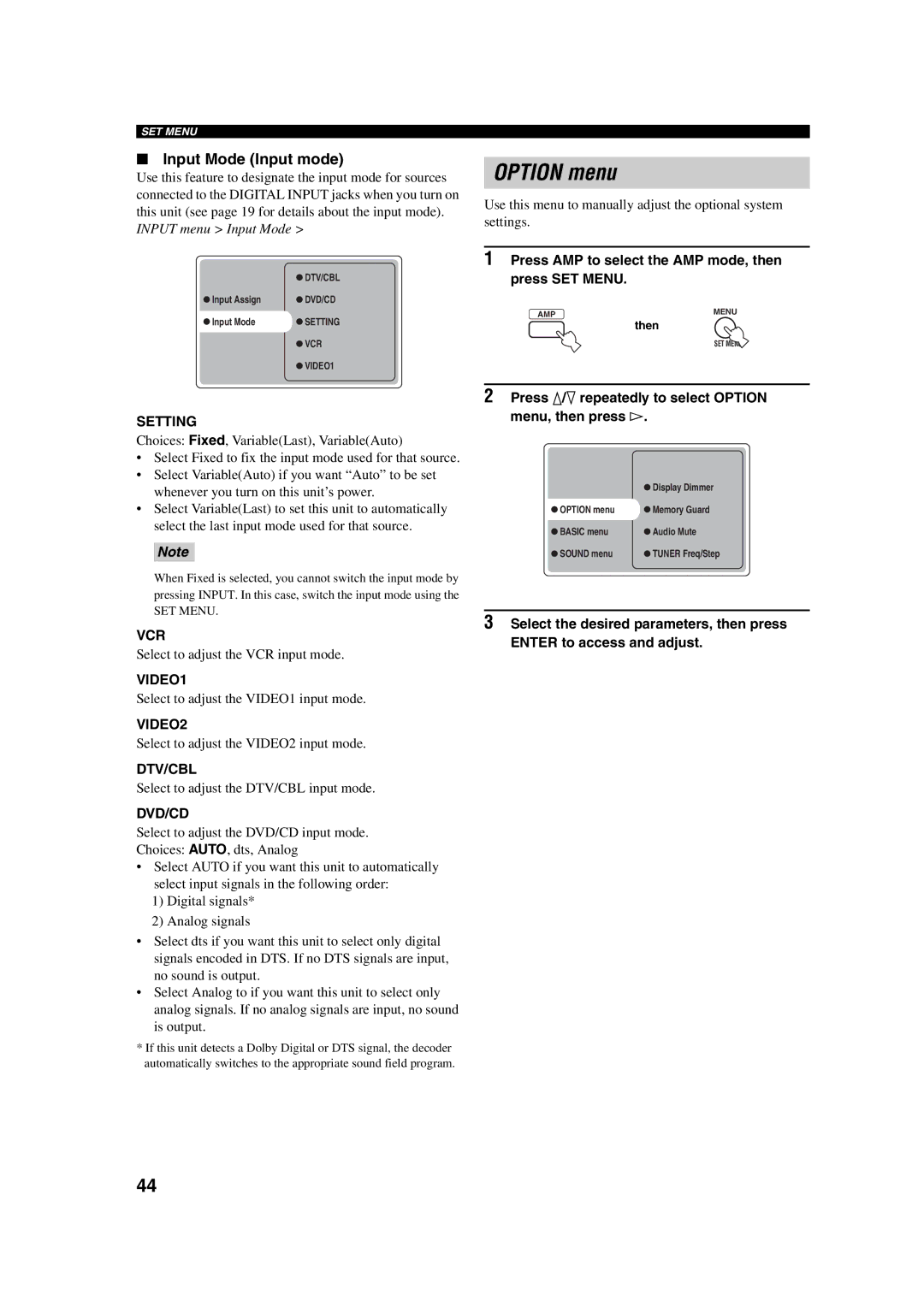 Yamaha RX-SL100RDS owner manual Option menu, Input Mode Input mode 